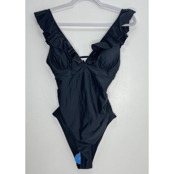 Cupshe Swimsuit Womens One Piece Ruffle Wide Strap Tie Closure M Black Seaside - Picture 3 of 8